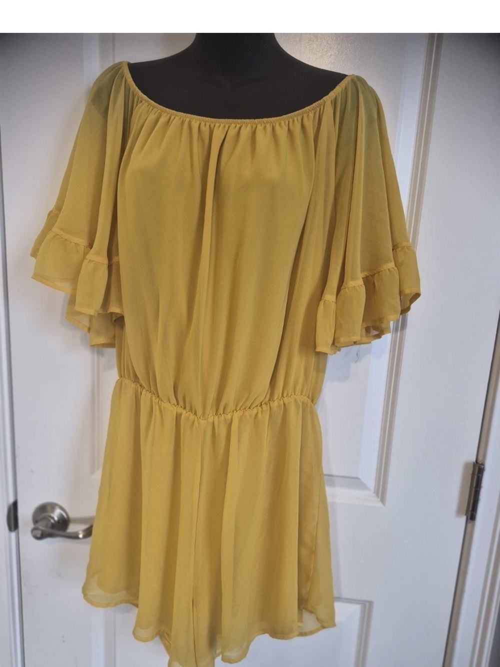 New York & Company Mustard Yellow Off-Shoulder Mini Dress